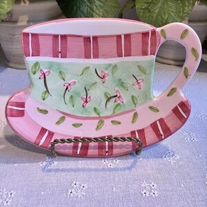 Hand-Painted Pink & Mint Tea Cup Ceramic Wall Plate or Trinket Dish.